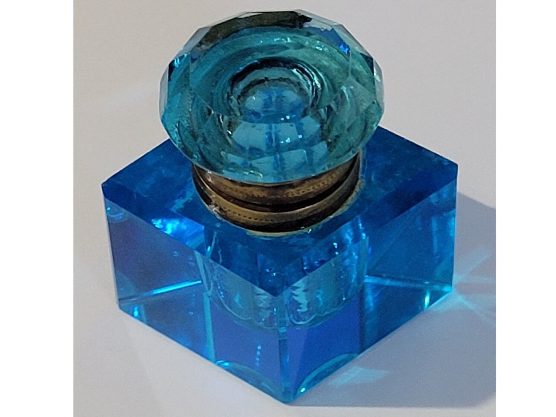 Diamond-Shaped Blue Glass Inkwell