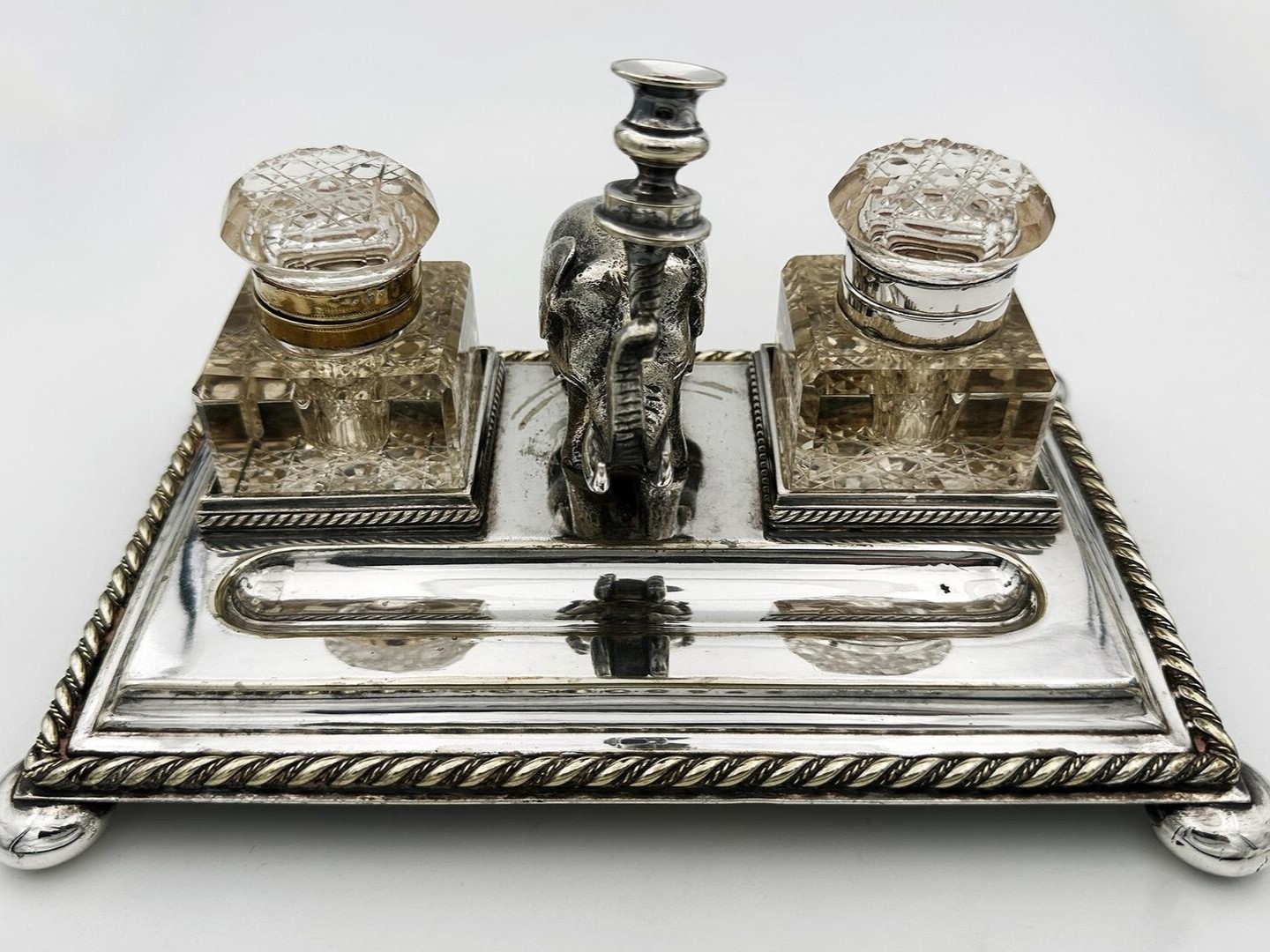 Figural Elephant on a Silverplated Inkstand