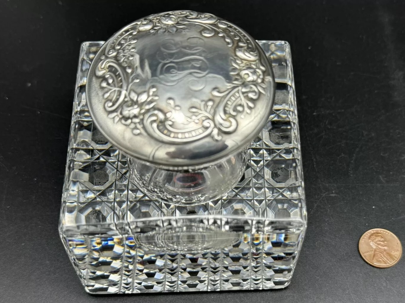 Cut Glass Inkwell with Gorham Sterling Lid