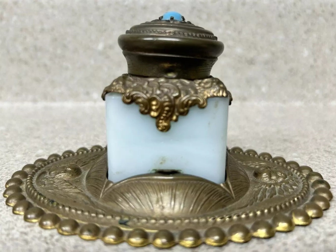 Milk Glass Inkwell on Stamped Metal Base