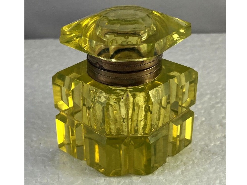Vaseline Yellow Cut Glass Inkwell