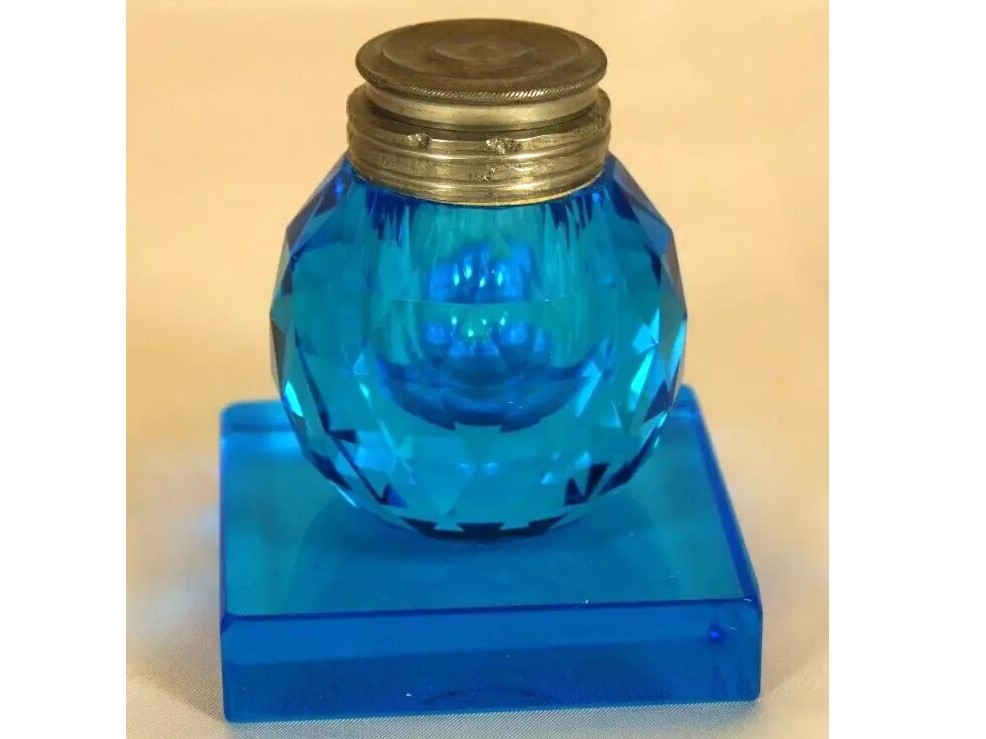 Blue Glass Inkwell on Square Base