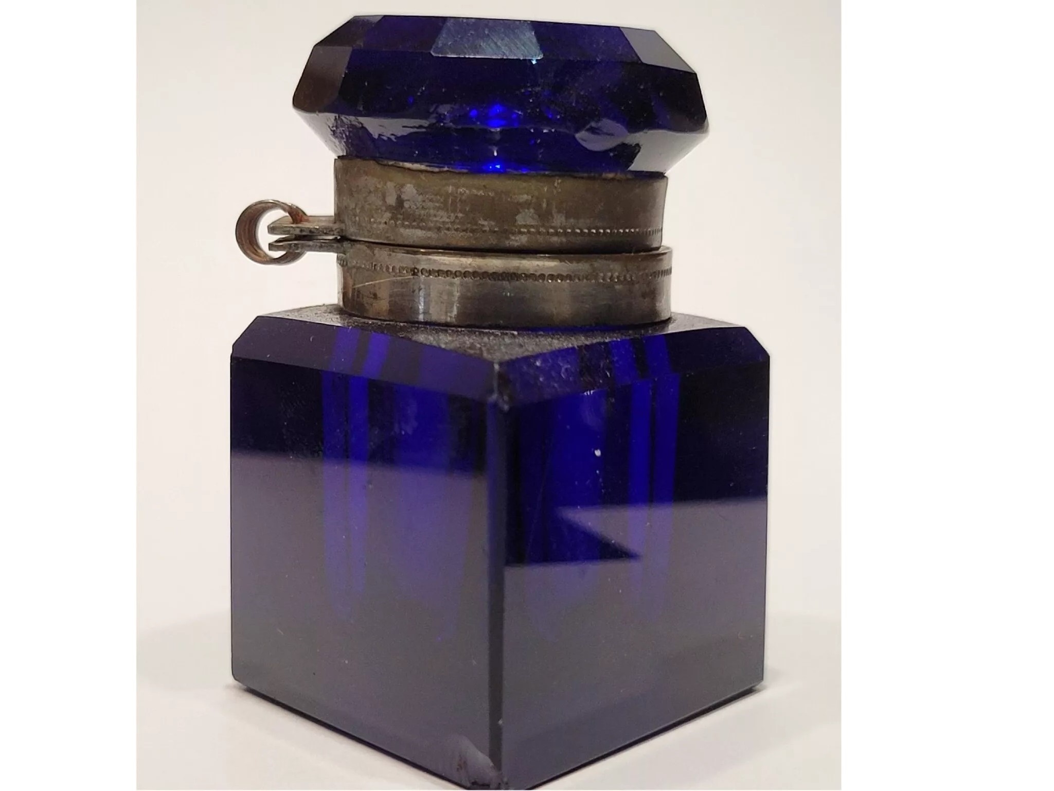 Diamond-Shaped Blue Cut Glass Inkwell