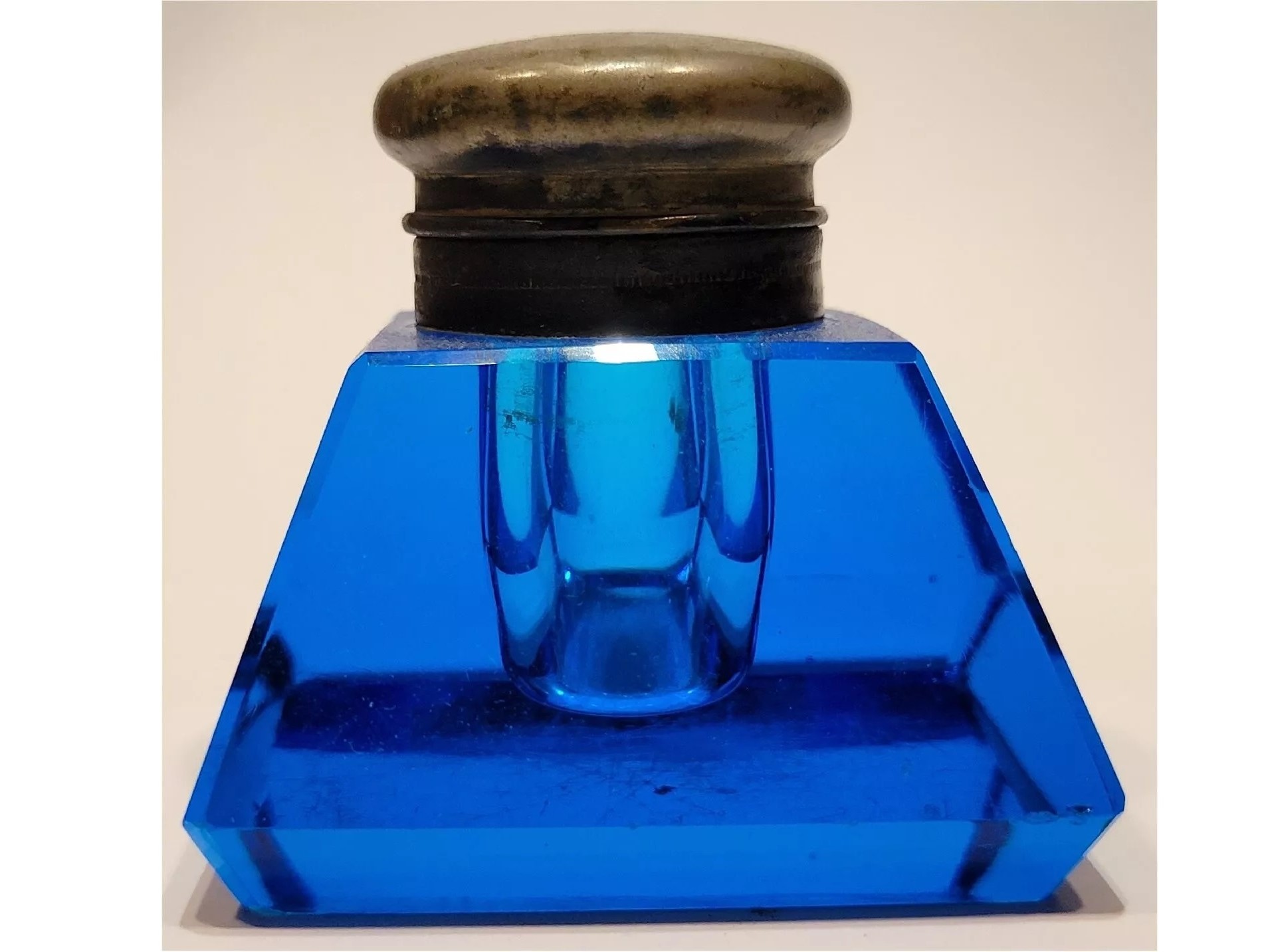 Blue Cut Glass Inkwell