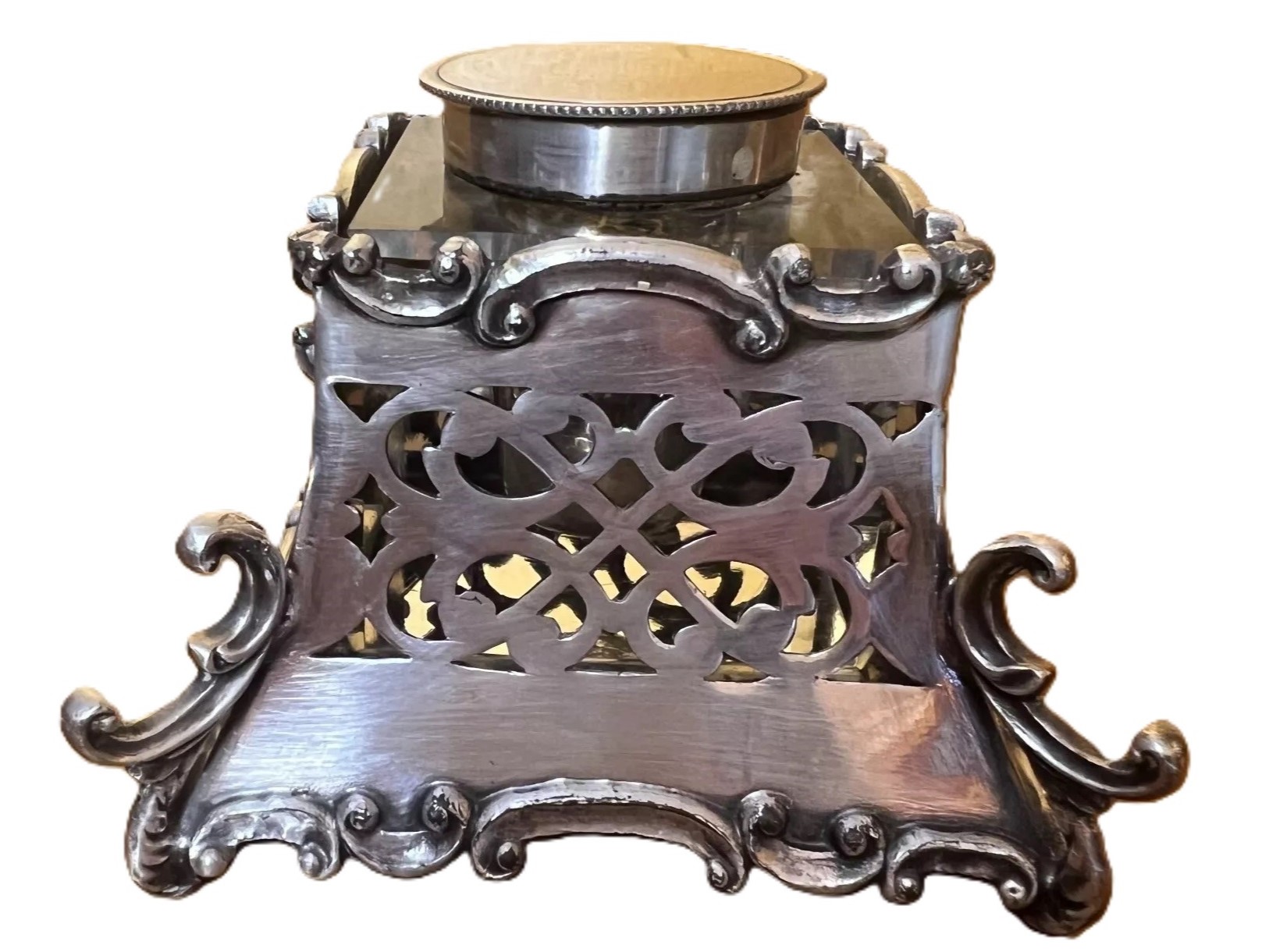 Glass Inkwell in Rococo Silverplated Holder
