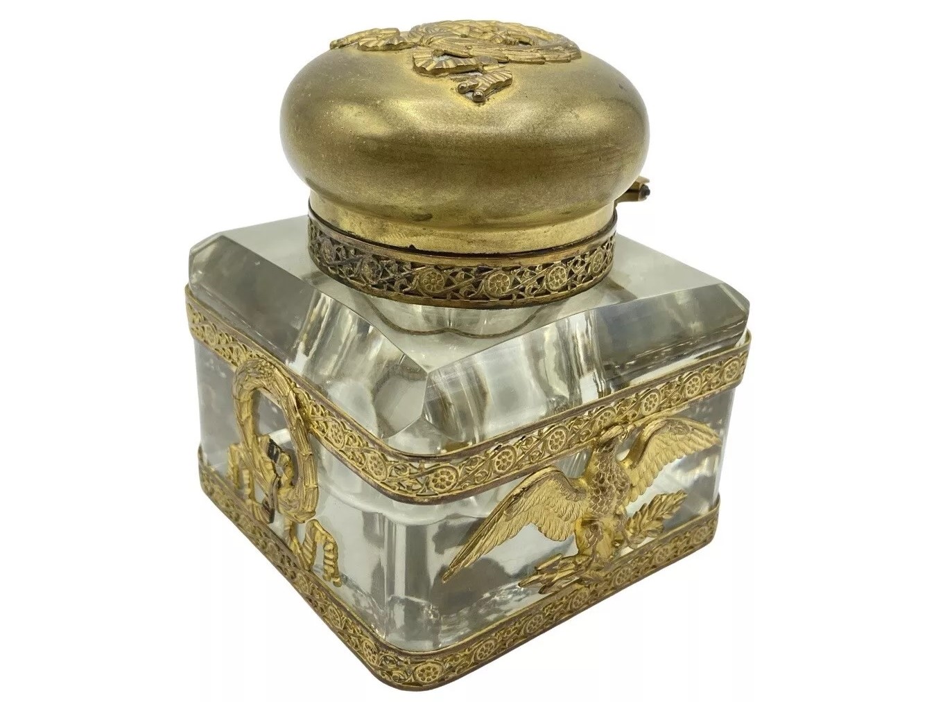 French Crystal Inkwell Encased in Gilt Bronze