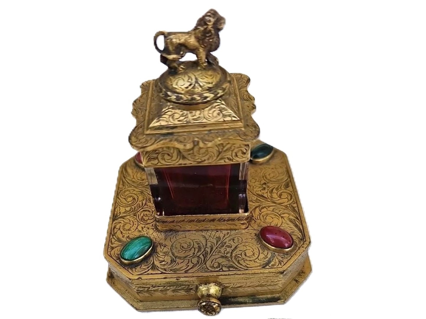 Gilt Bronze Inkwell with Lion Finial
