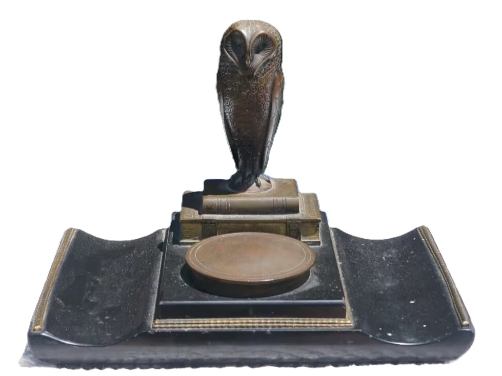 Bronze Owl Inkstand Signed