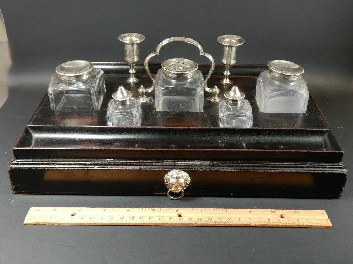 English Mahogany Standish – Silver Fittings