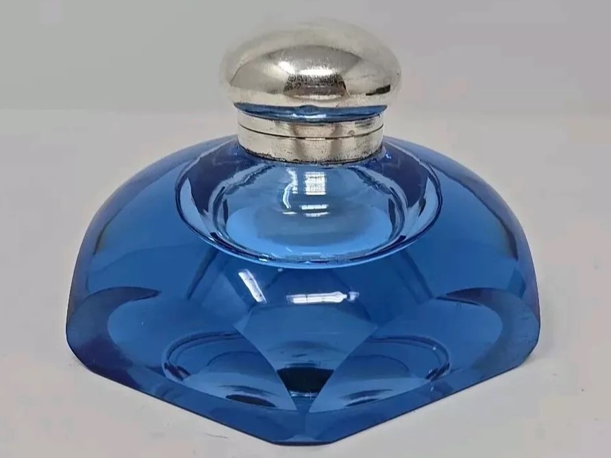 Blue Glass Inkwell with Silver Lid