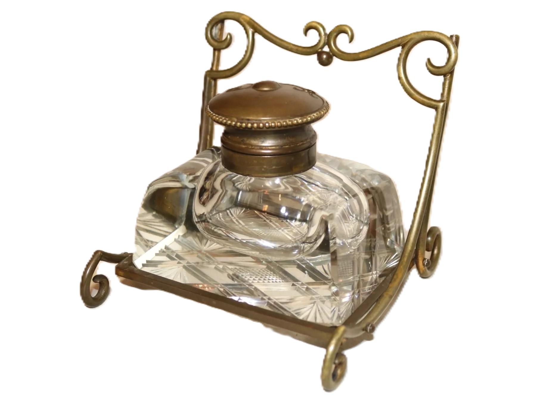 Cut Crystal Inkwell on Brass Stand