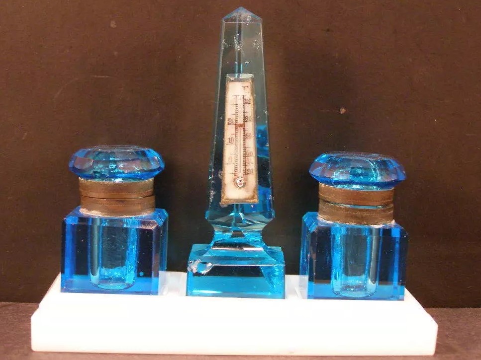 Blue Glass Inkstand with Thermometer
