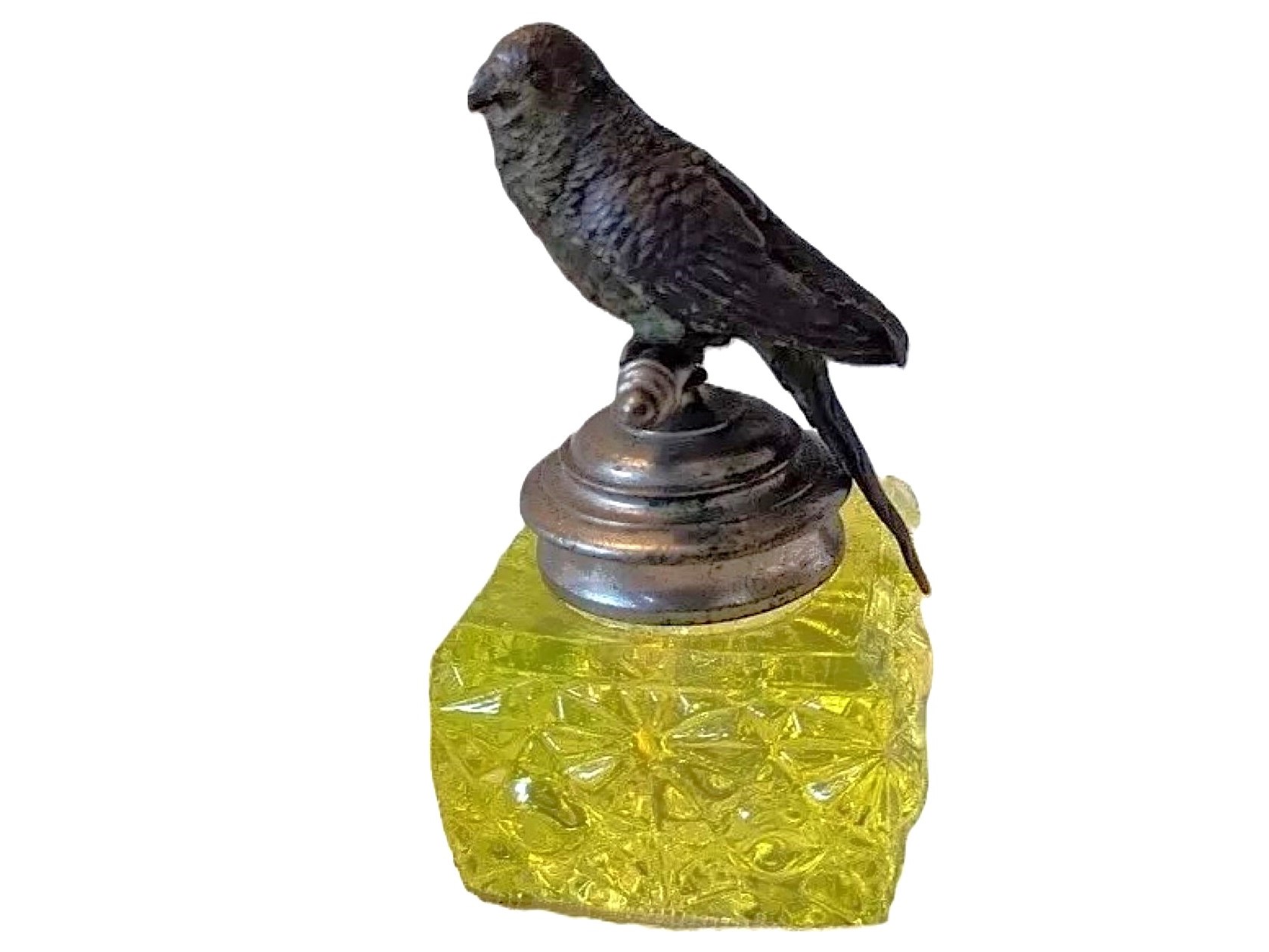 Vaseline Glass Inkwell with Bird Finial
