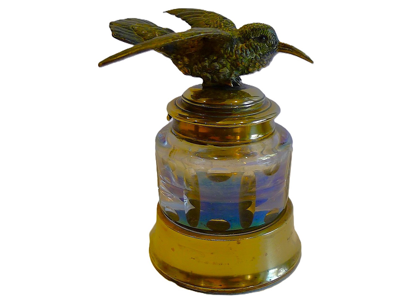 Cut Glass Inkwell with Bronze Bird