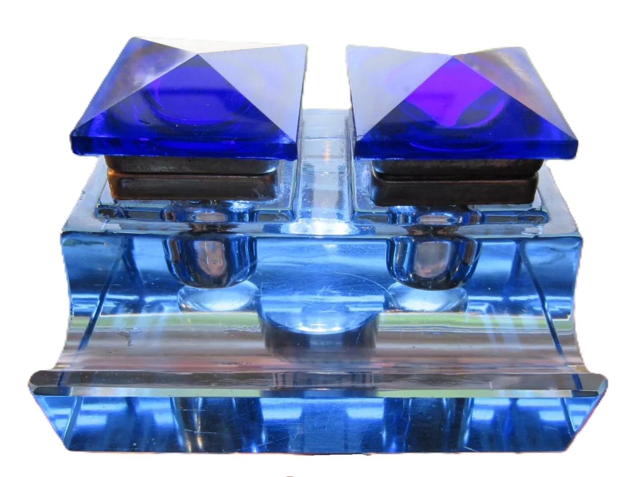 Blue Glass Double Inkstand with Pen Rest