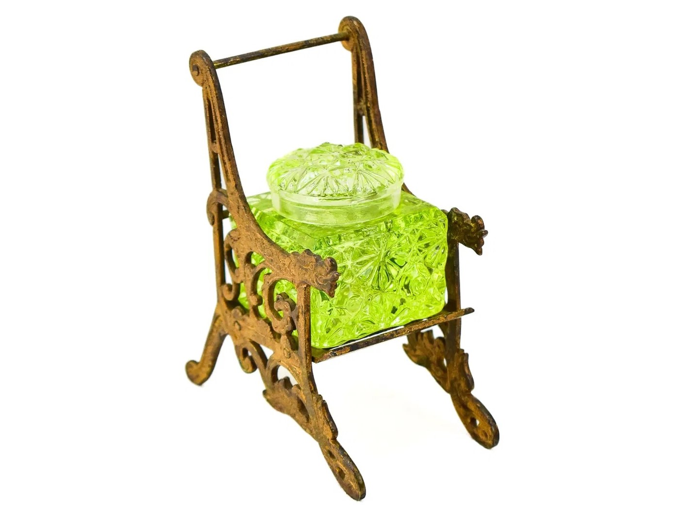 Vaseline Glass Inkwell on a Chair