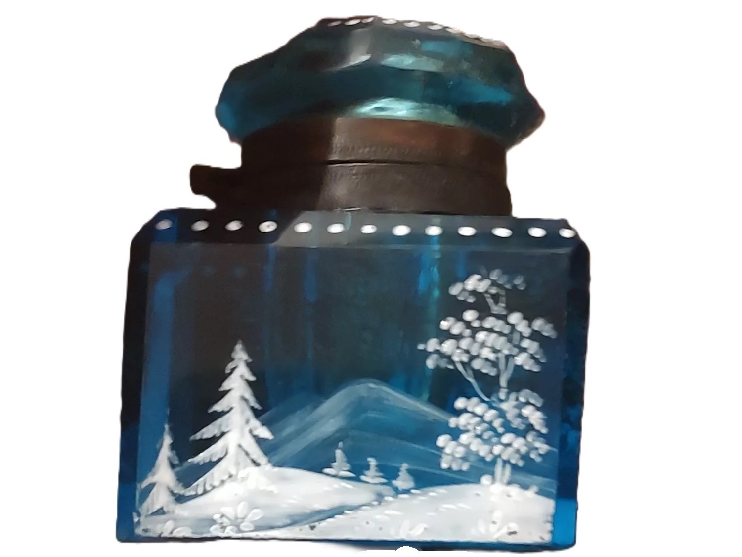 Blue Cut Glass Inkwell Decorated with Winter Scenes
