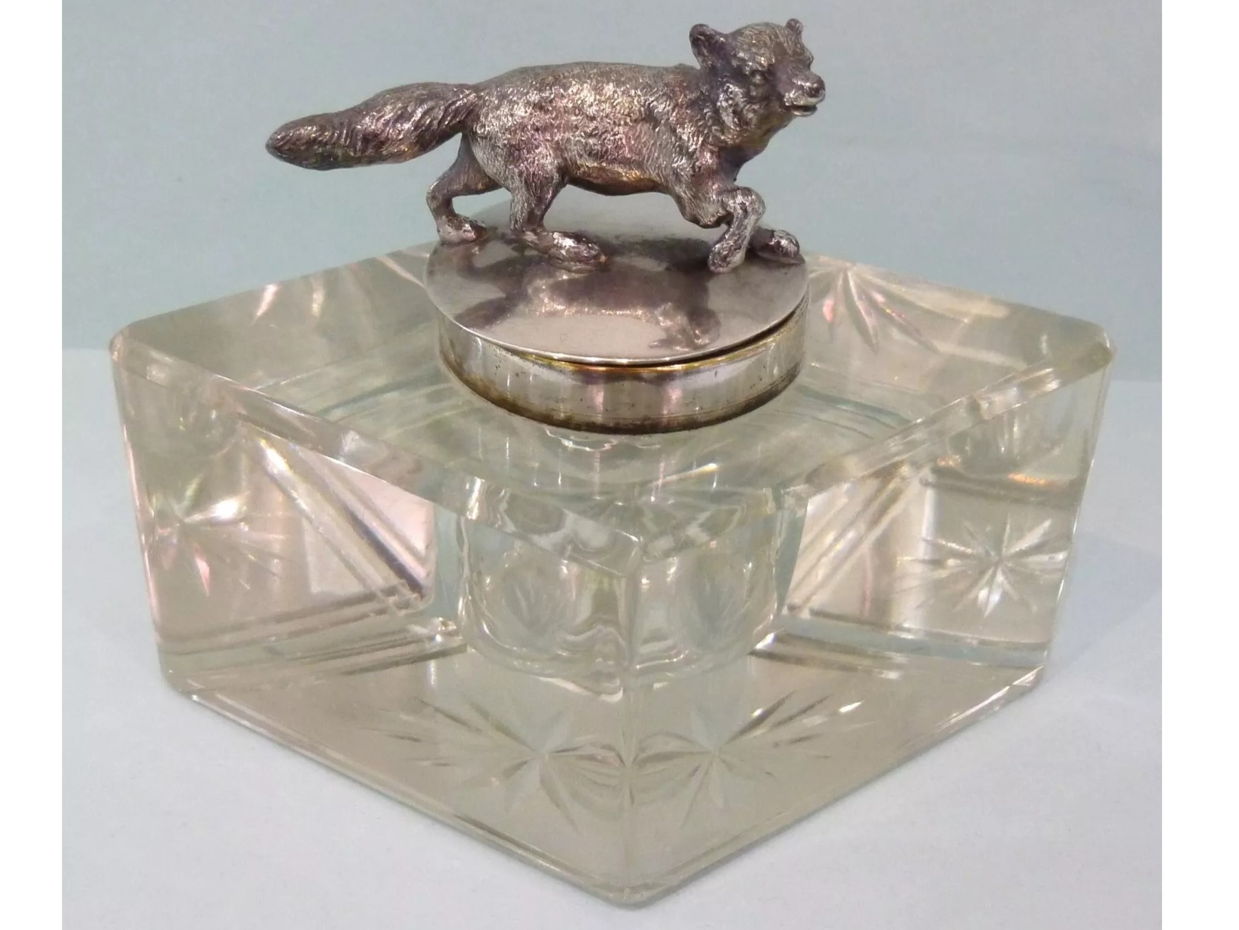 Cut Glass Inkwell with a Silver Fox