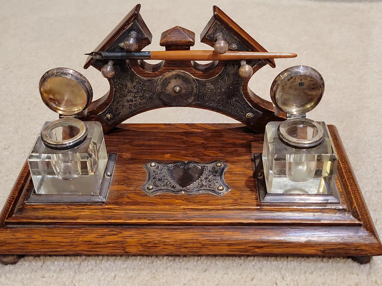 Oak Double Inkstand with Silverplated Pen Rack