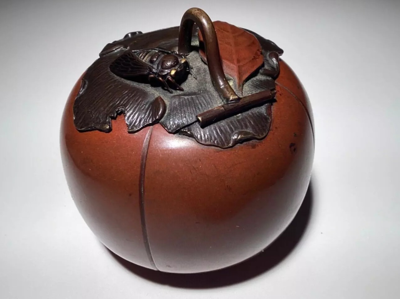 Meiji Period Japanese Inkwell - Persimmon with Cicada