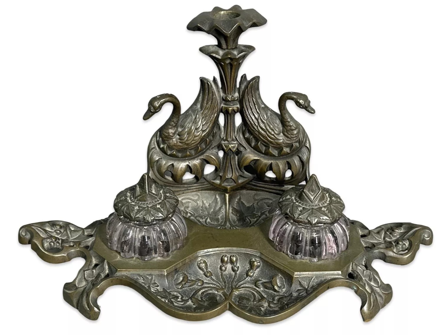 Cast Brass Inkstand with Swans and Candleholder