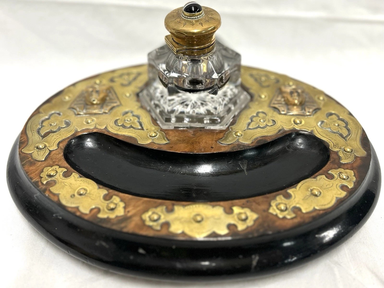 Wood Inkstand with Brass Overlay