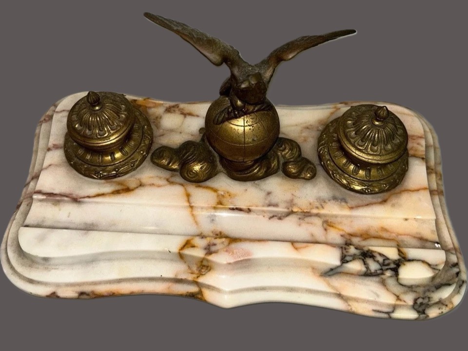 Double Inkstand with Eagle on Marble Base