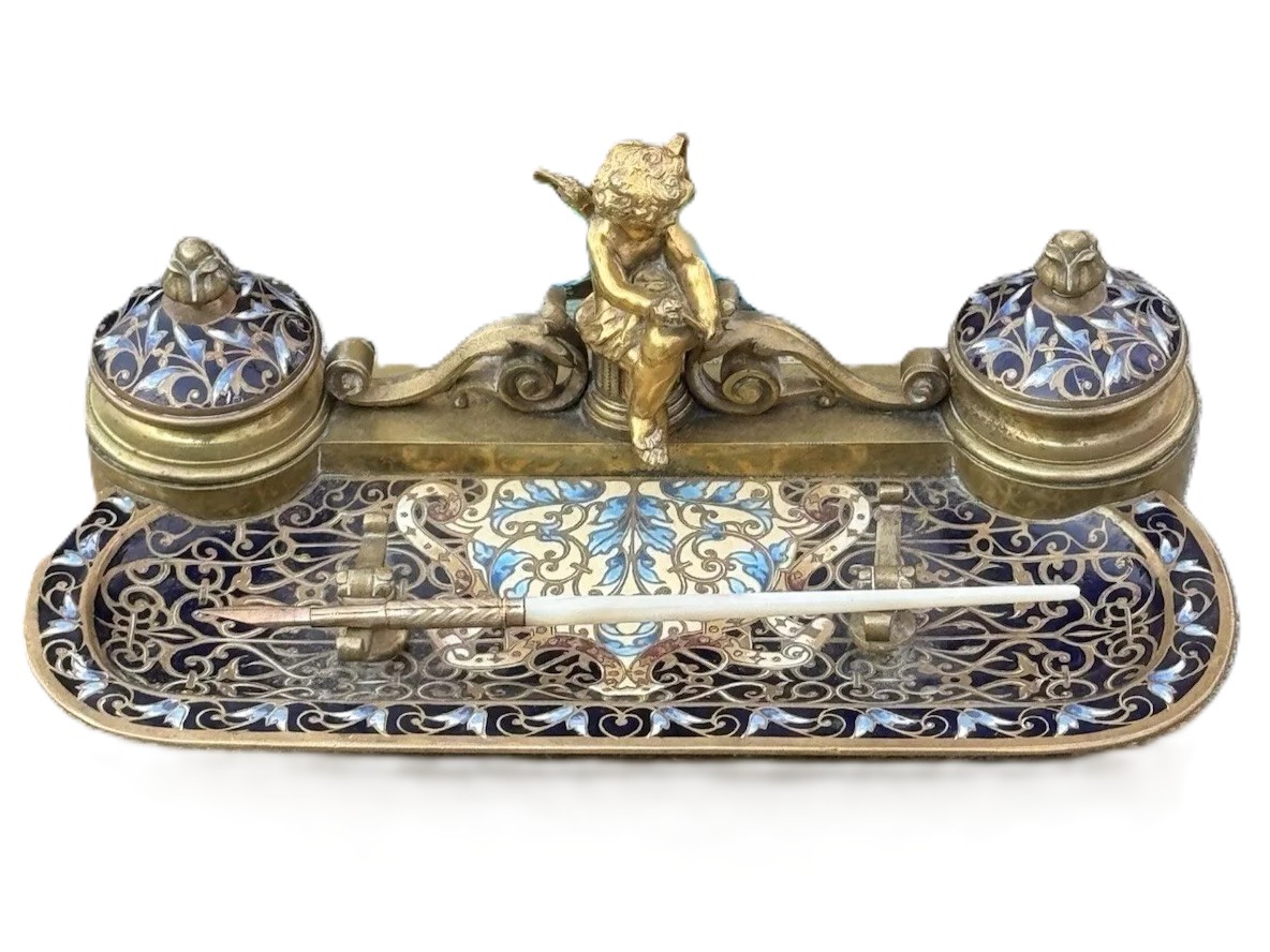French Bronze Champlevé Inkstand