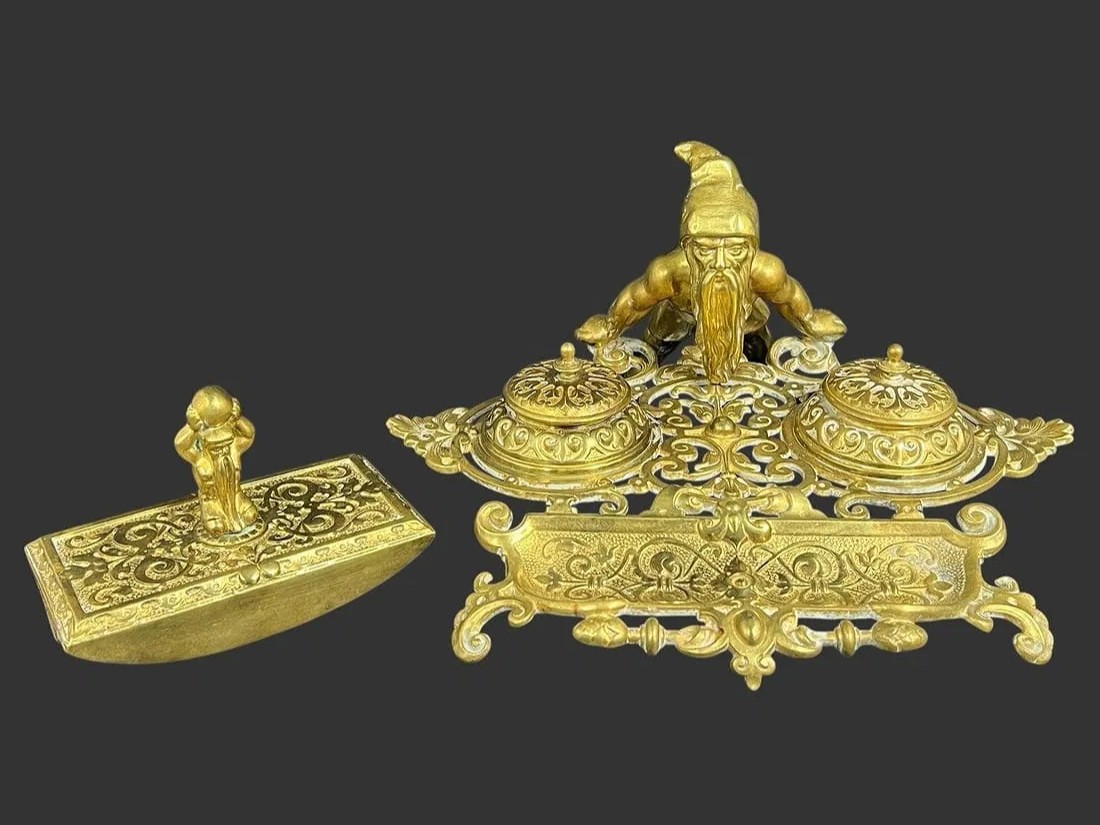 Brass Double Inkstand with a Guardian Dwarf