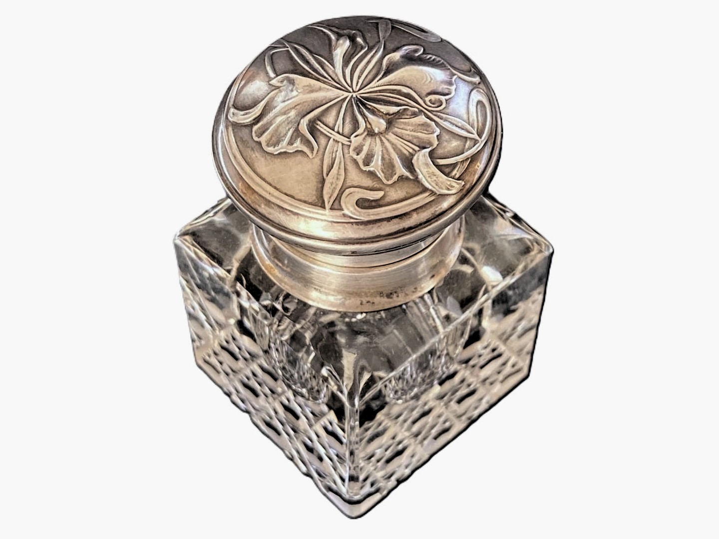 Glass Inkwell with Portuguese Silver Repoussé Lid