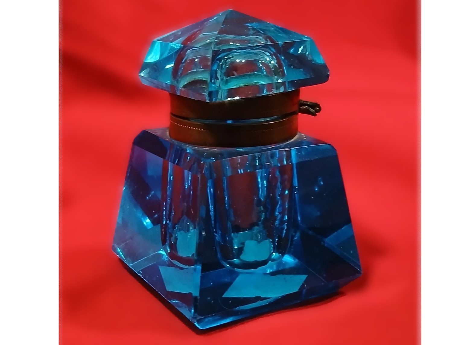 Blue Cut Glass Inkwell