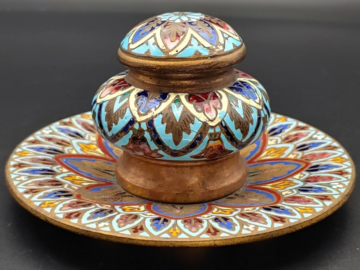 French Champlevé Enamel Inkwell