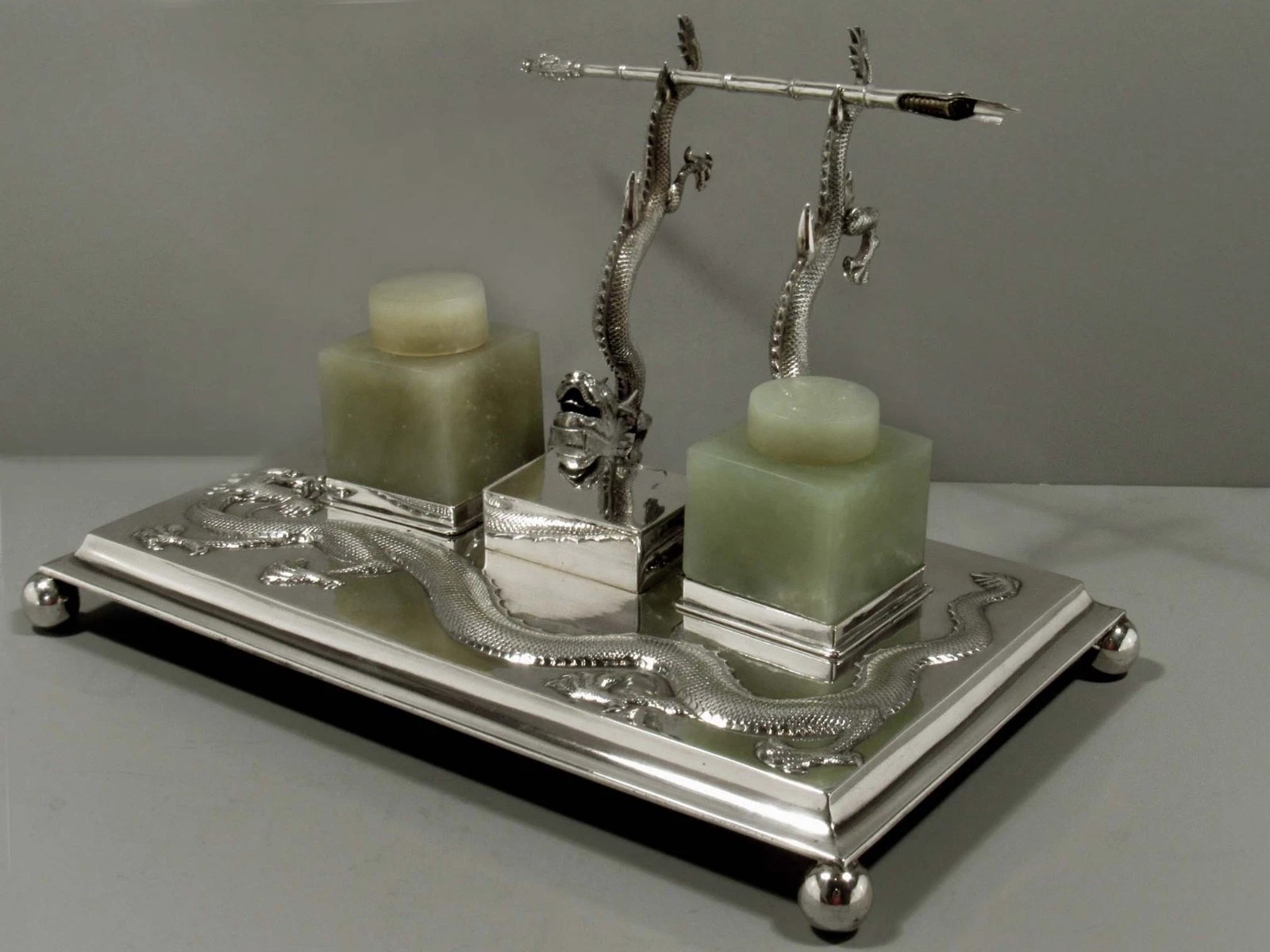 Wand Hing Chinese Export Silver and Jadeite Inkstand