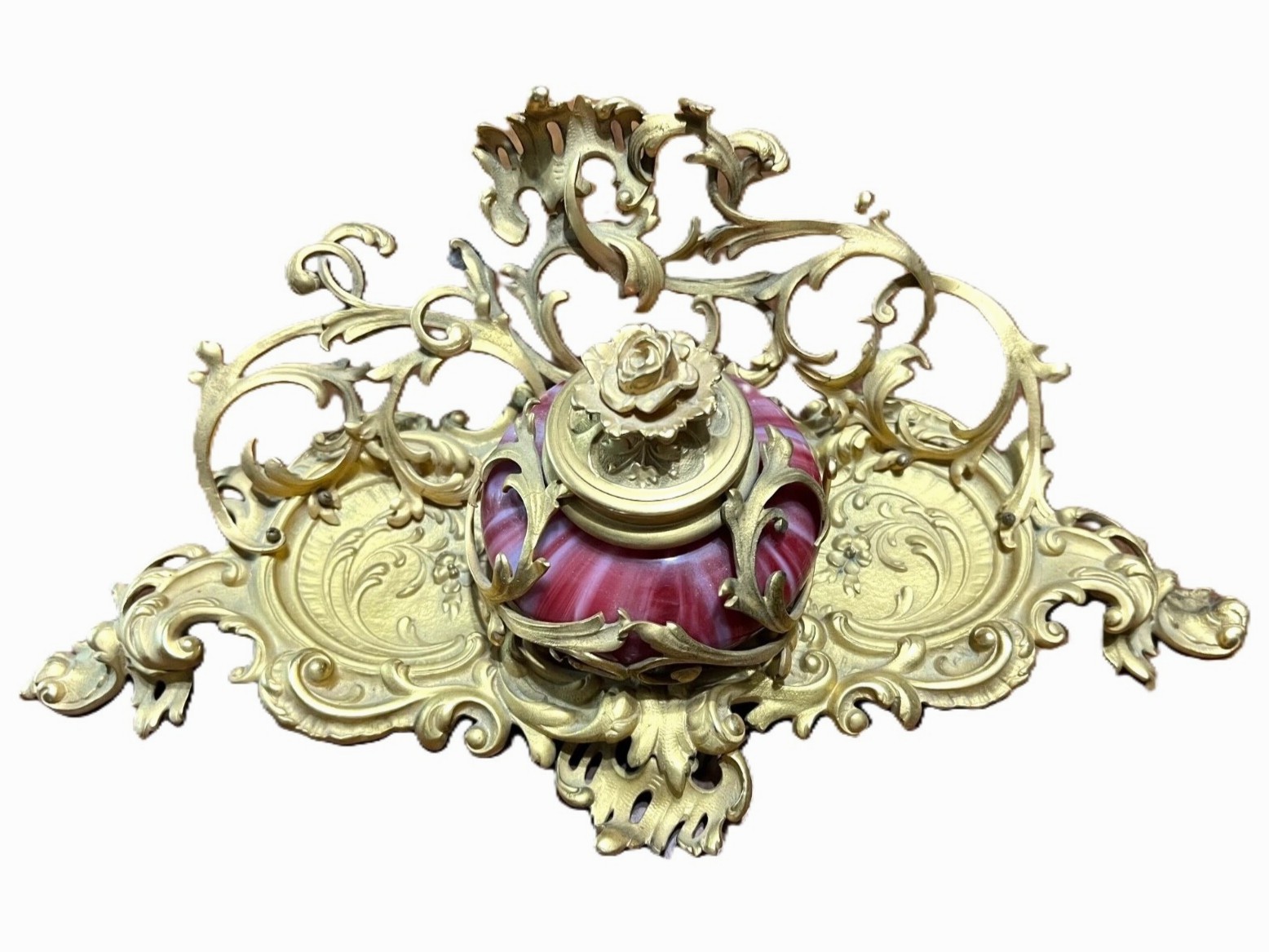 French Gilt Bronze Inkstand with Marbled Glass Inkwell