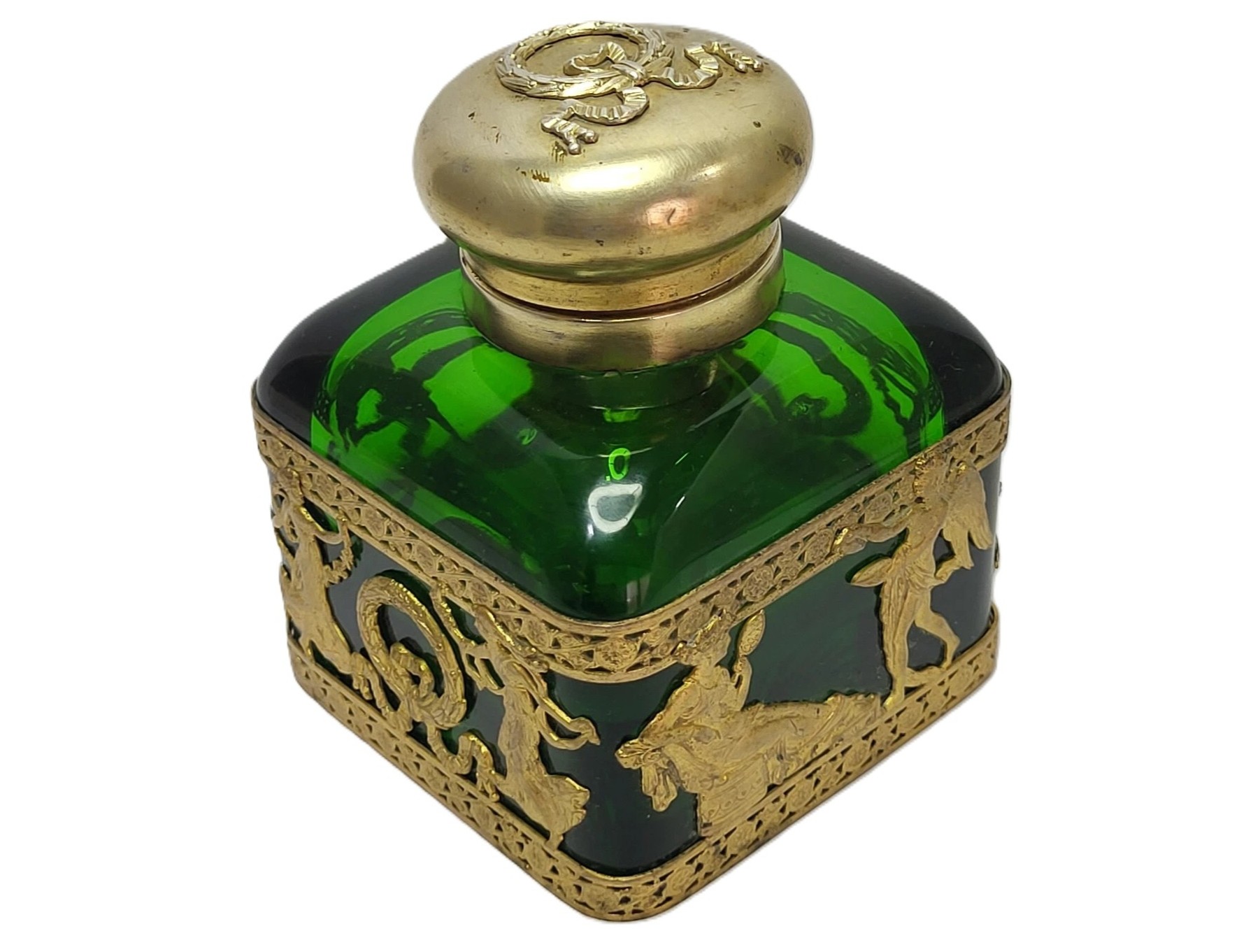 Green Crystal Glass Inkwell with Gilt Ormolu Overlay