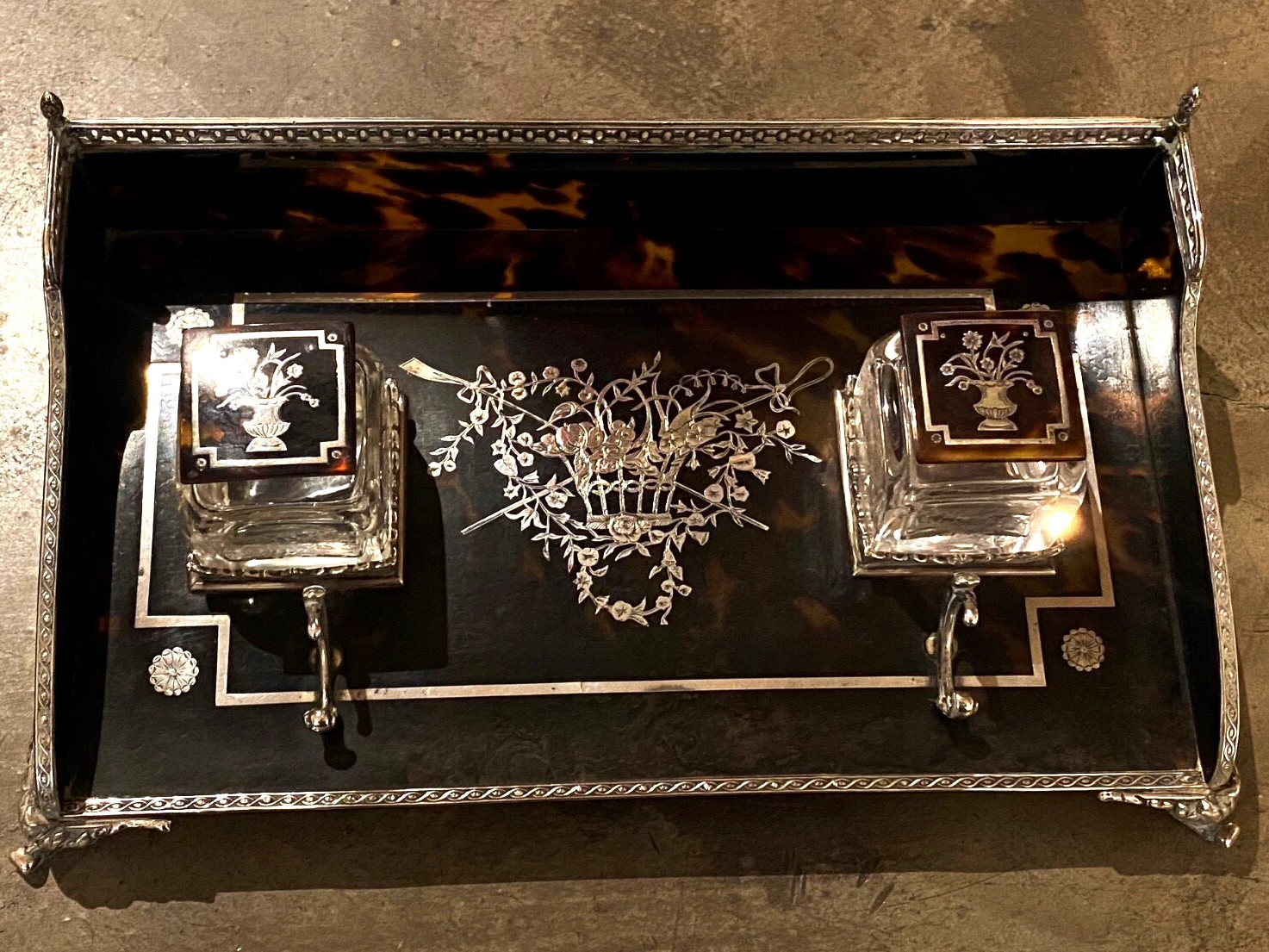 Faux Tortoiseshell and Silver Double Inkstand