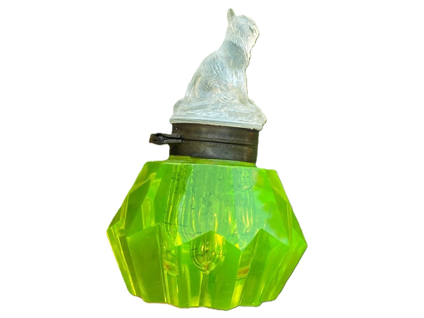 Vaseline Glass Inkwell with Frosted Glass Cat Lid
