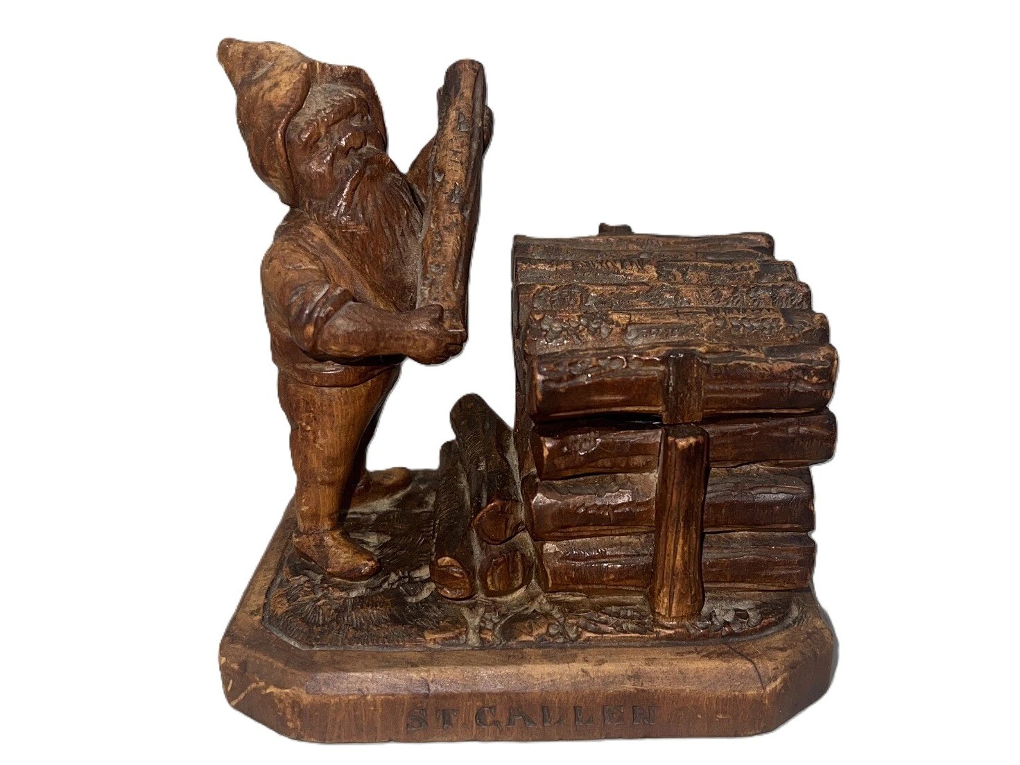Carved Wood Figural Inkwell: Gnome/Dwarf at the Wood Pile