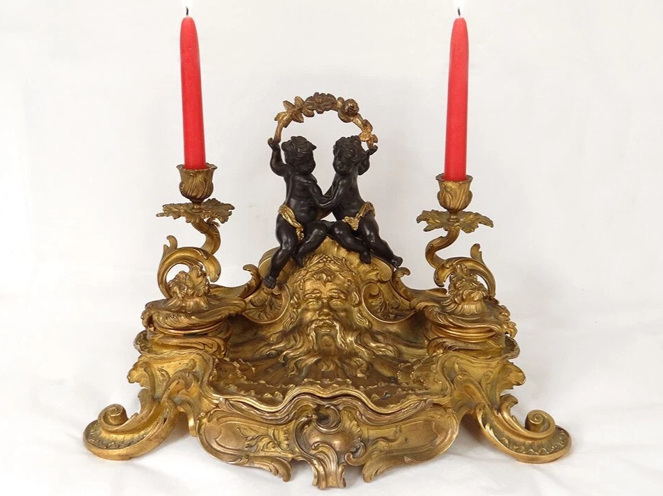 French Gilded Bronze Inkstand with Putti