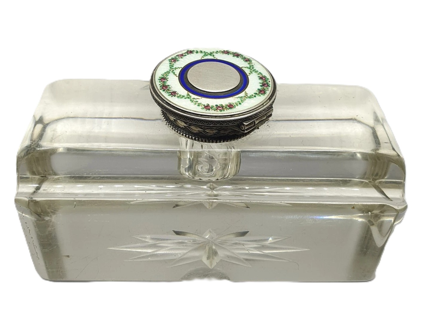 Cut Glass Inkwell with Enameled Sterling Silver Lid