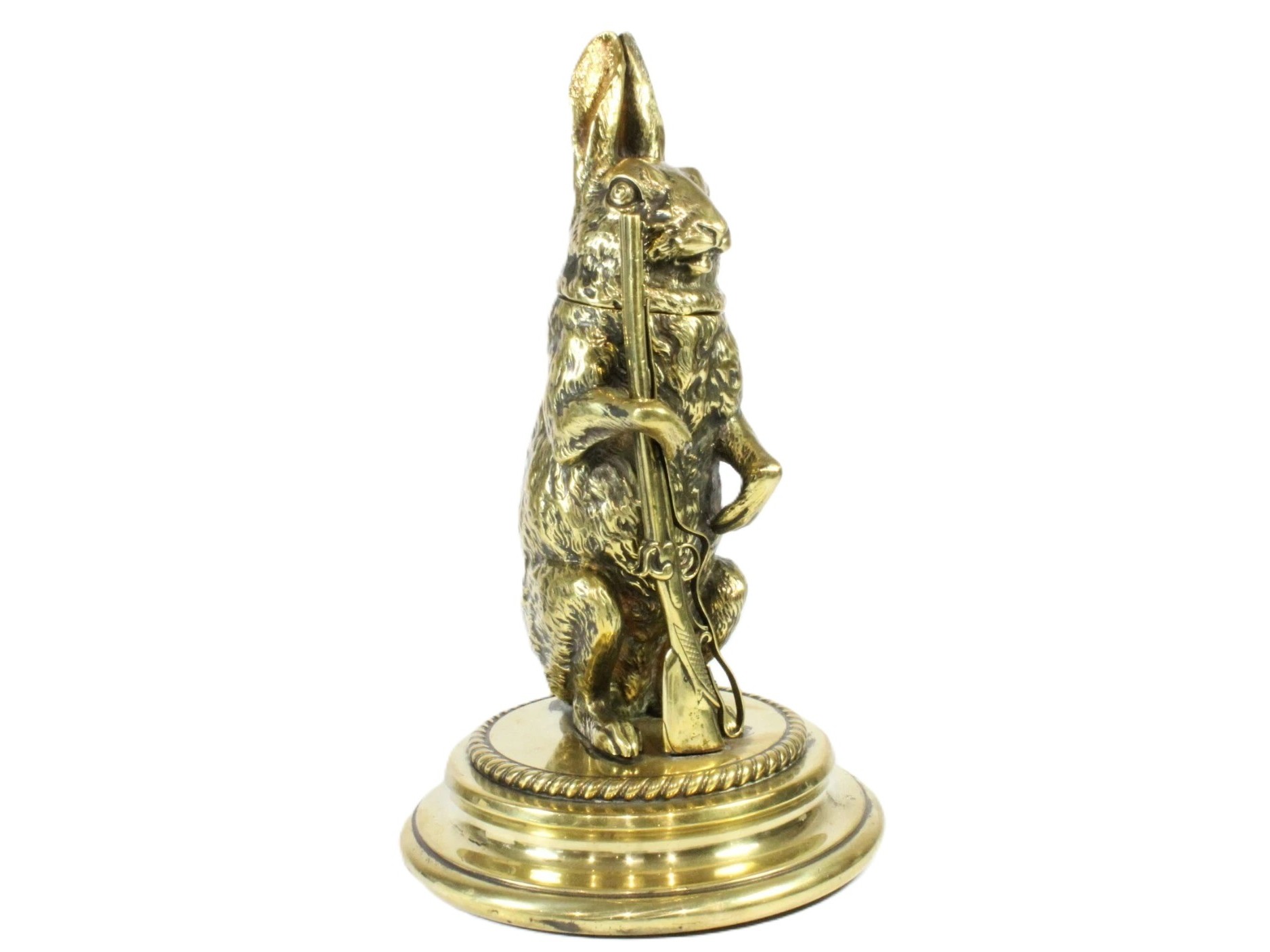 Figural Brass Hunting Hare Inkwell