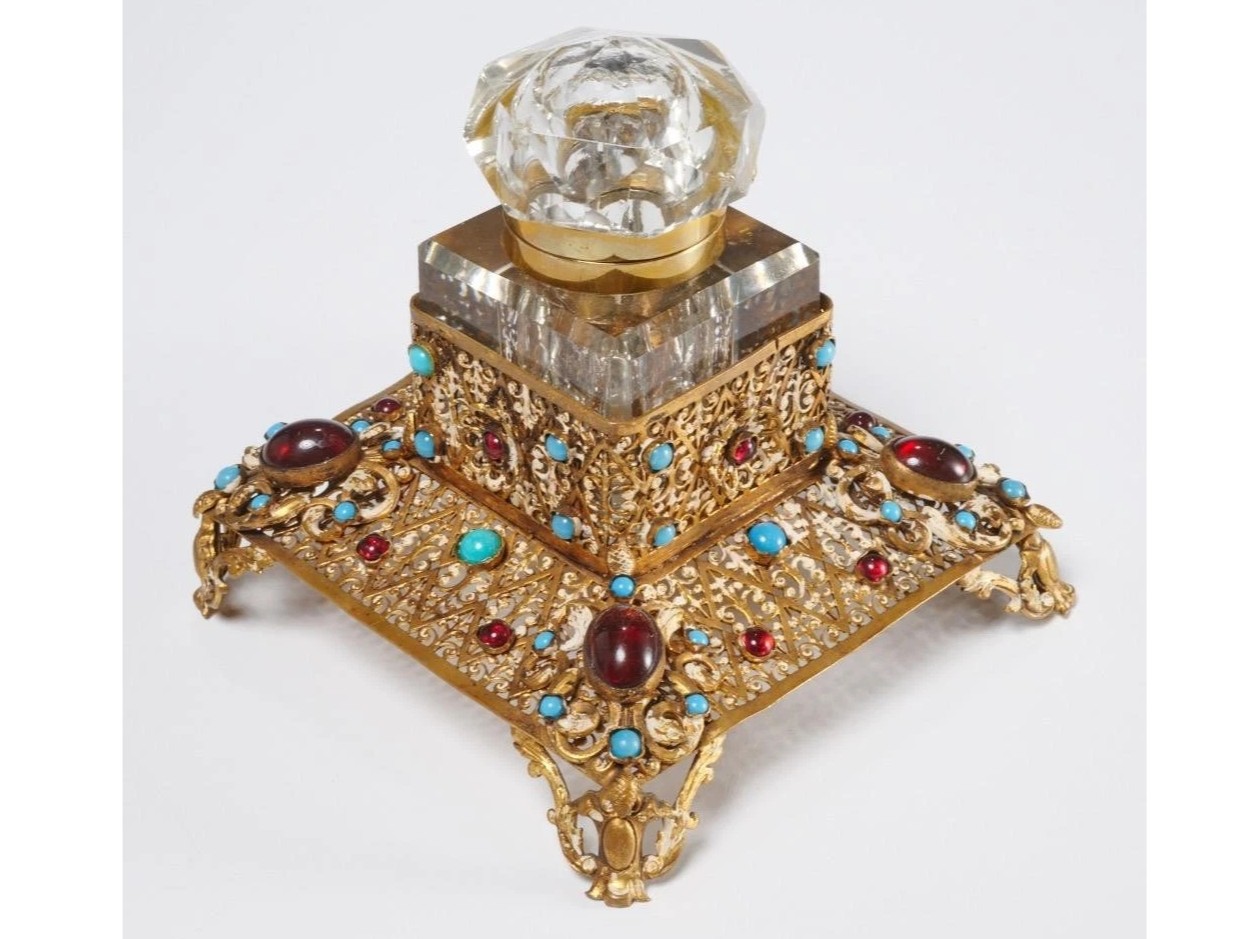 Faceted Crystal Inkwell in Jeweled Brass Stand