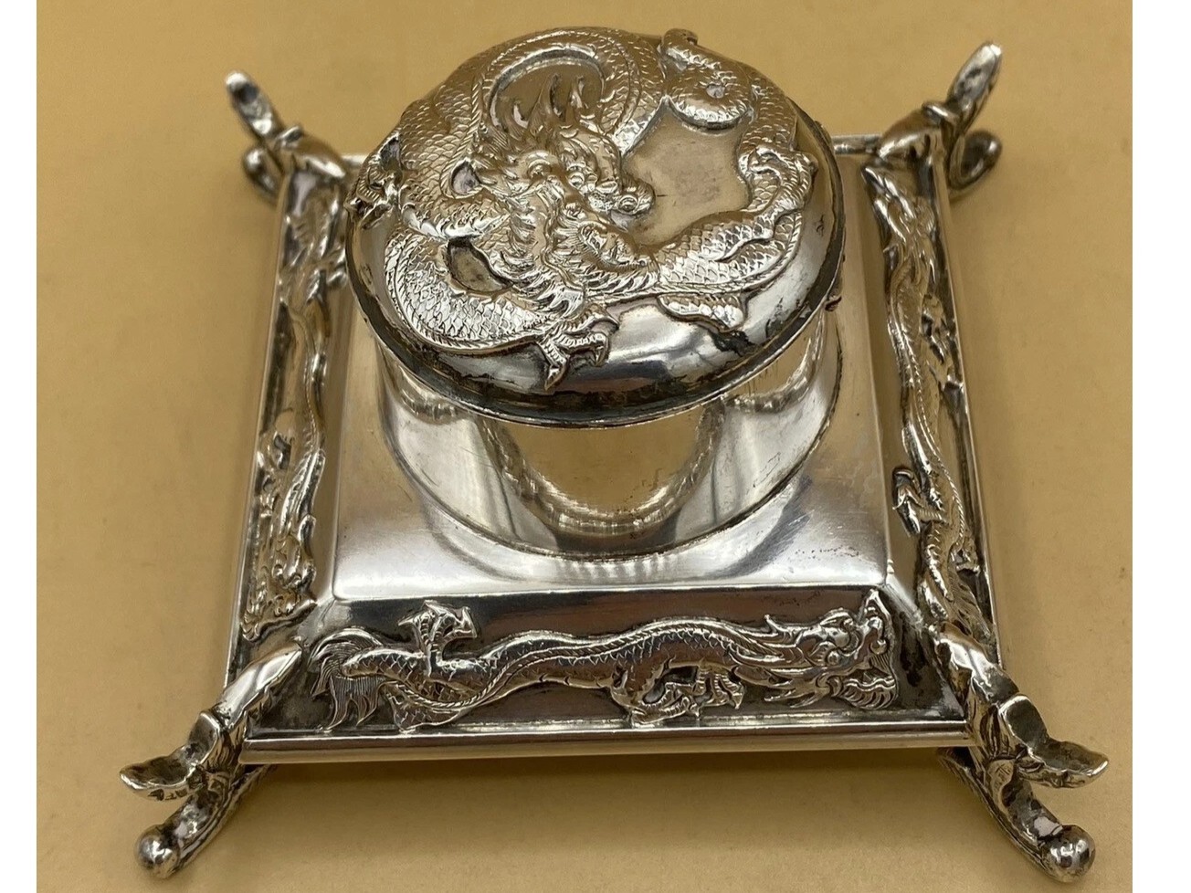 Chinese Export Silver Dragon Inkstand