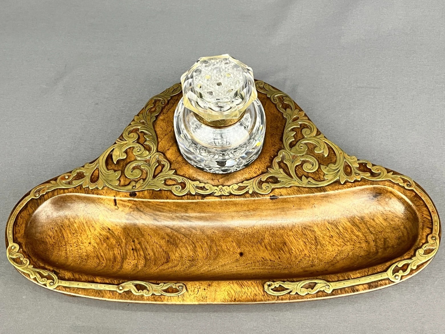 Footed Walnut Inkstand with Cut Glass Inkwell