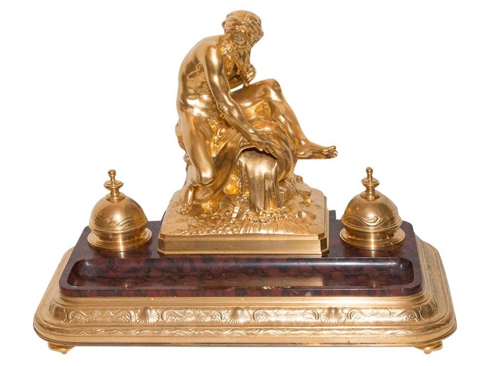 French Gilt Bronze and Rouge Griotte Marble Inkstand