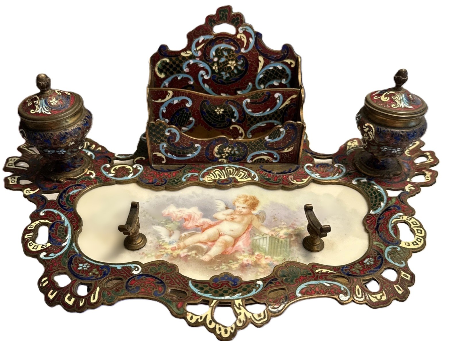 French Champlevé Enamel and Porcelain Stationery Stand (Écritoire)