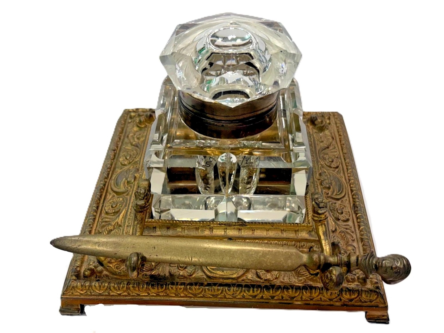 Victorian Gilt Brass & Crystal Inkstand