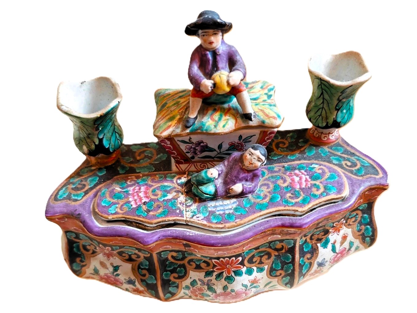 French Faience “Chinoiserie” Figural Inkstand