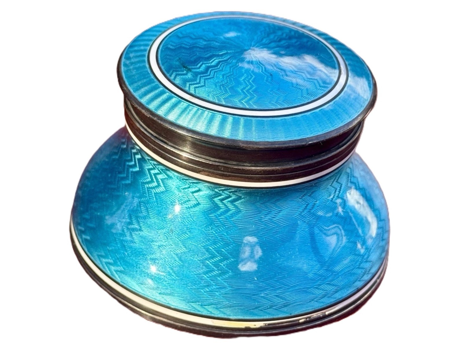 French Art Deco Blue Guilloché Enamel & Silver Inkwell