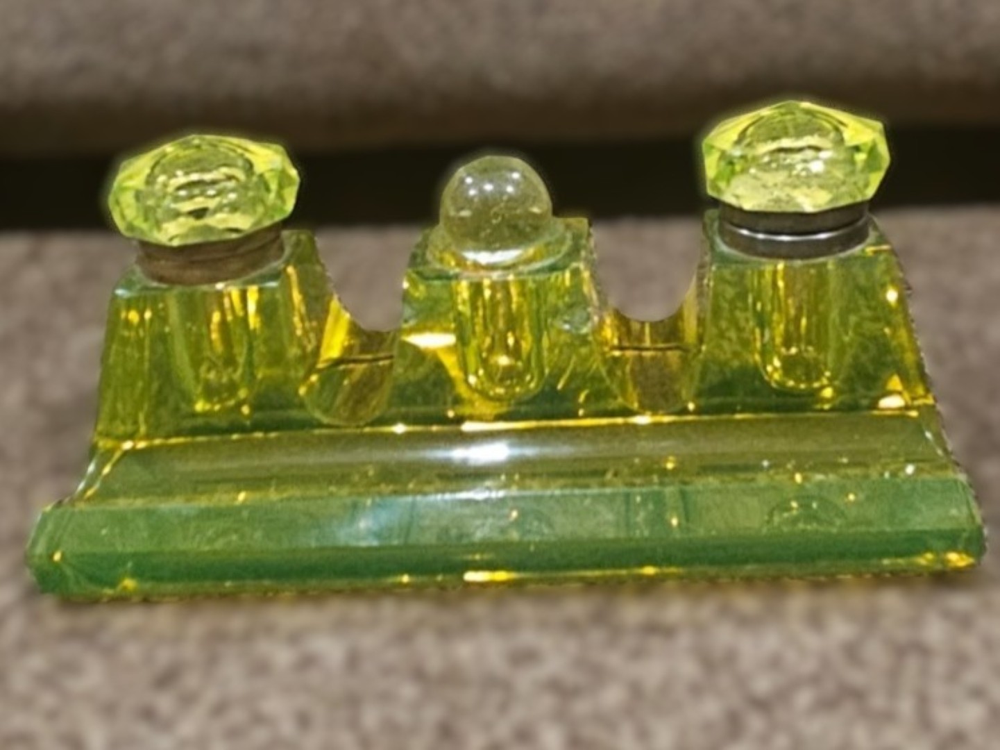 Vaseline Glass (Uranium Glass) Double Inkstand.